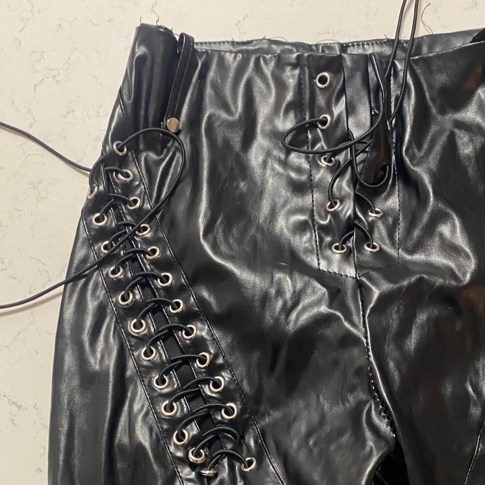 Black Lace-Up Leather Pants - Picture 3 of 5